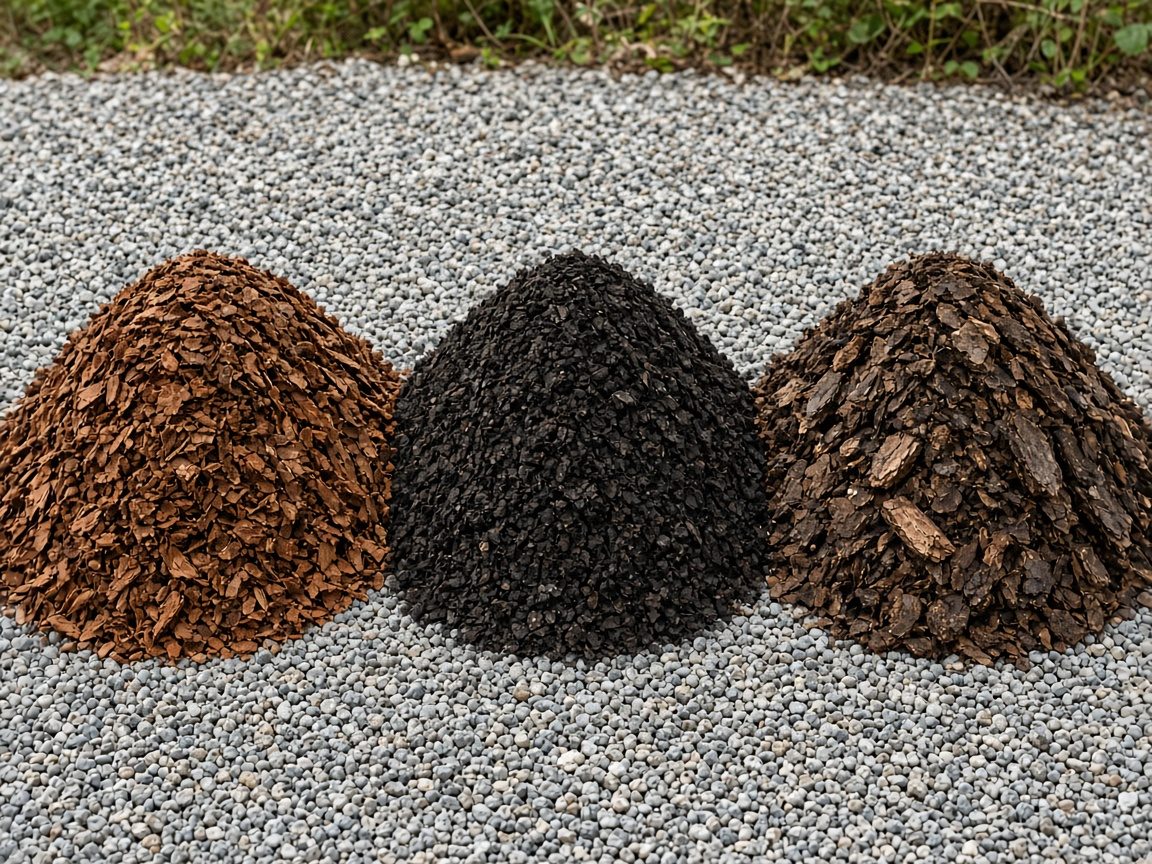 Three piles of bark mulch in separate color tones